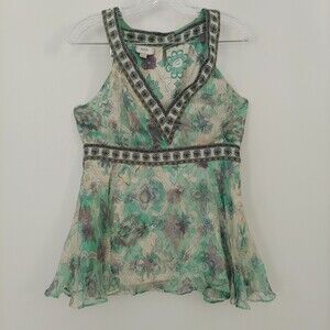ECI Green Silk Tank Top Size 10 Sleeveless Blouse Flowy V-Neck